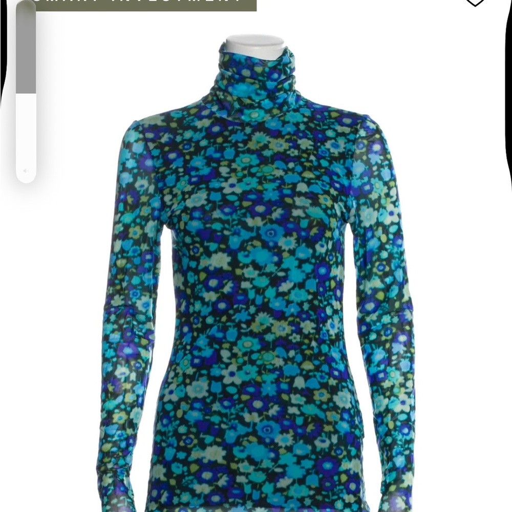 Ganni Blue Floral Turtleneck Long Sleeve Top